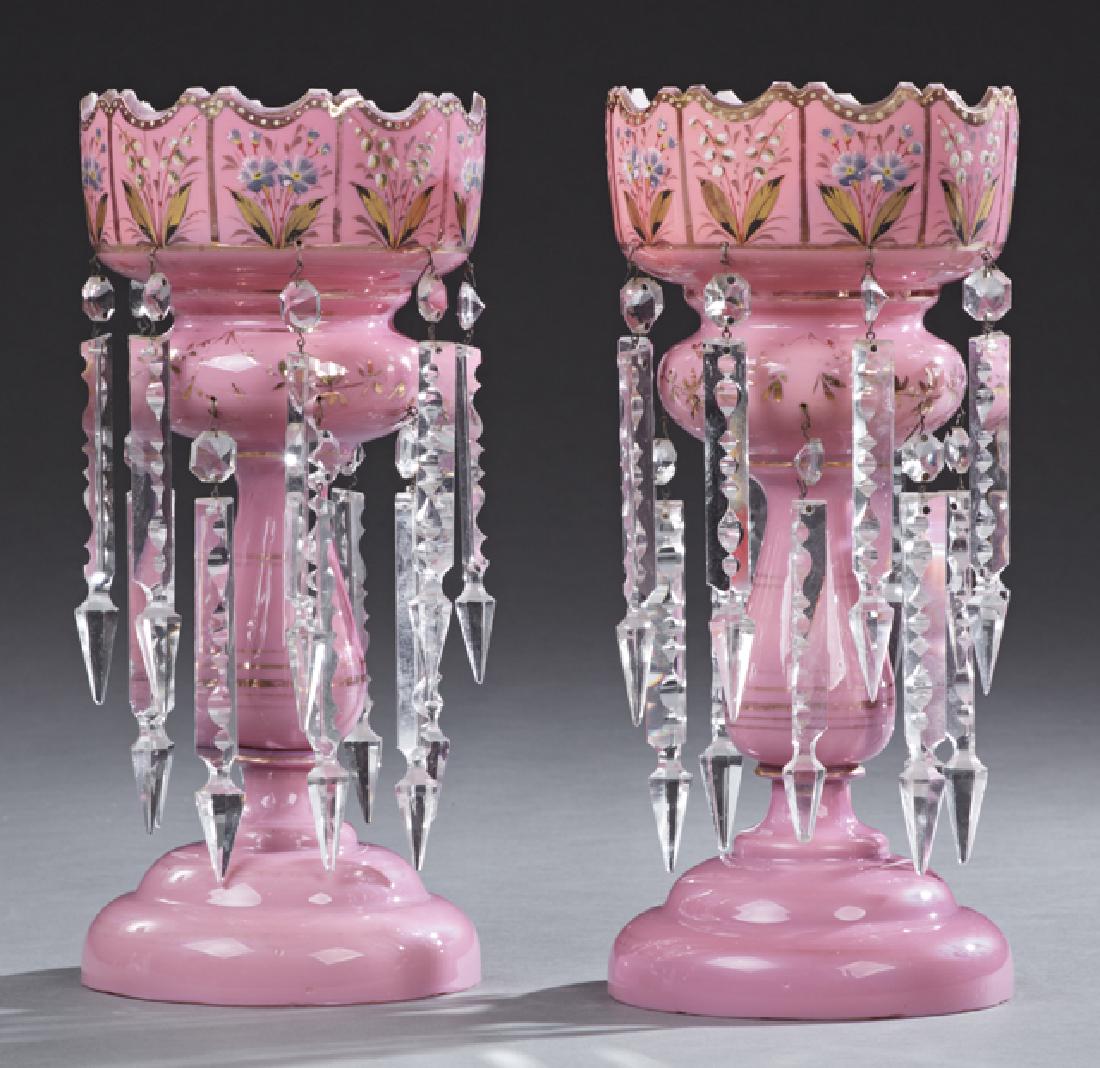 Pair of English Pink Lusters, 19th c., the scalloped (1 of 1)