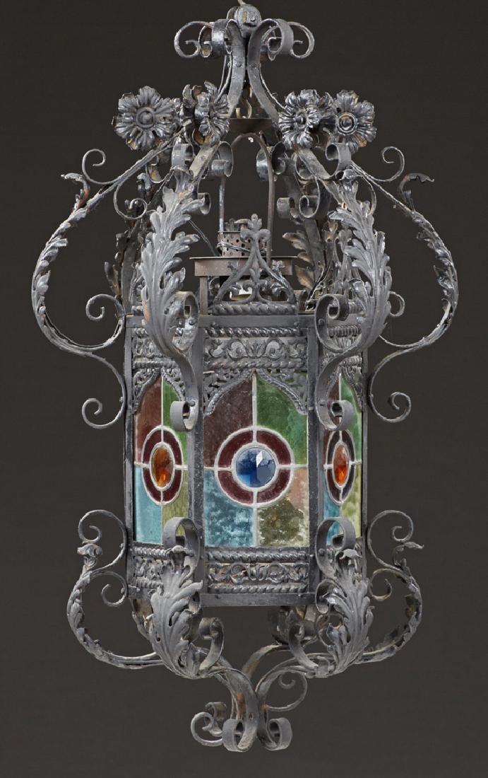 French Stained Glass Wrought Iron Hall Lantern, late (1 of 1)