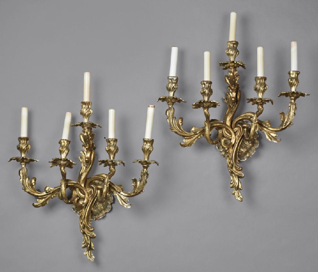 Pair of Louis XV Style Gilt Bronze Five Light Sconces, (1 of 1)