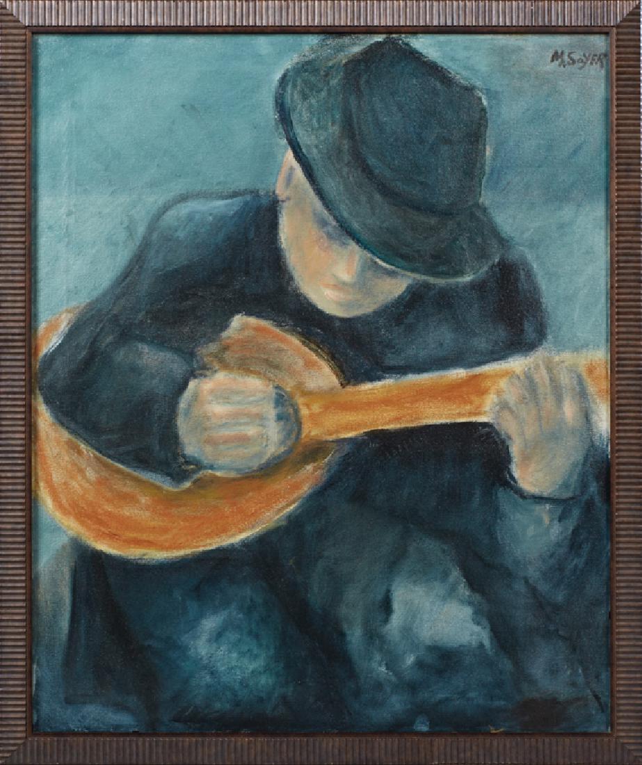 Moses Soyer (1932-2010), "Man with a Guitar," 20th c.,: Moses Soyer (1932-2010), "Man with a Guitar," 20th c., oil on canvas, signed upper right, presented in a reeded frame, H.- 27 1/2 in., W.- 22 1/2 in. Provenance: The Estate of Dr. Charles "Tony" Curri