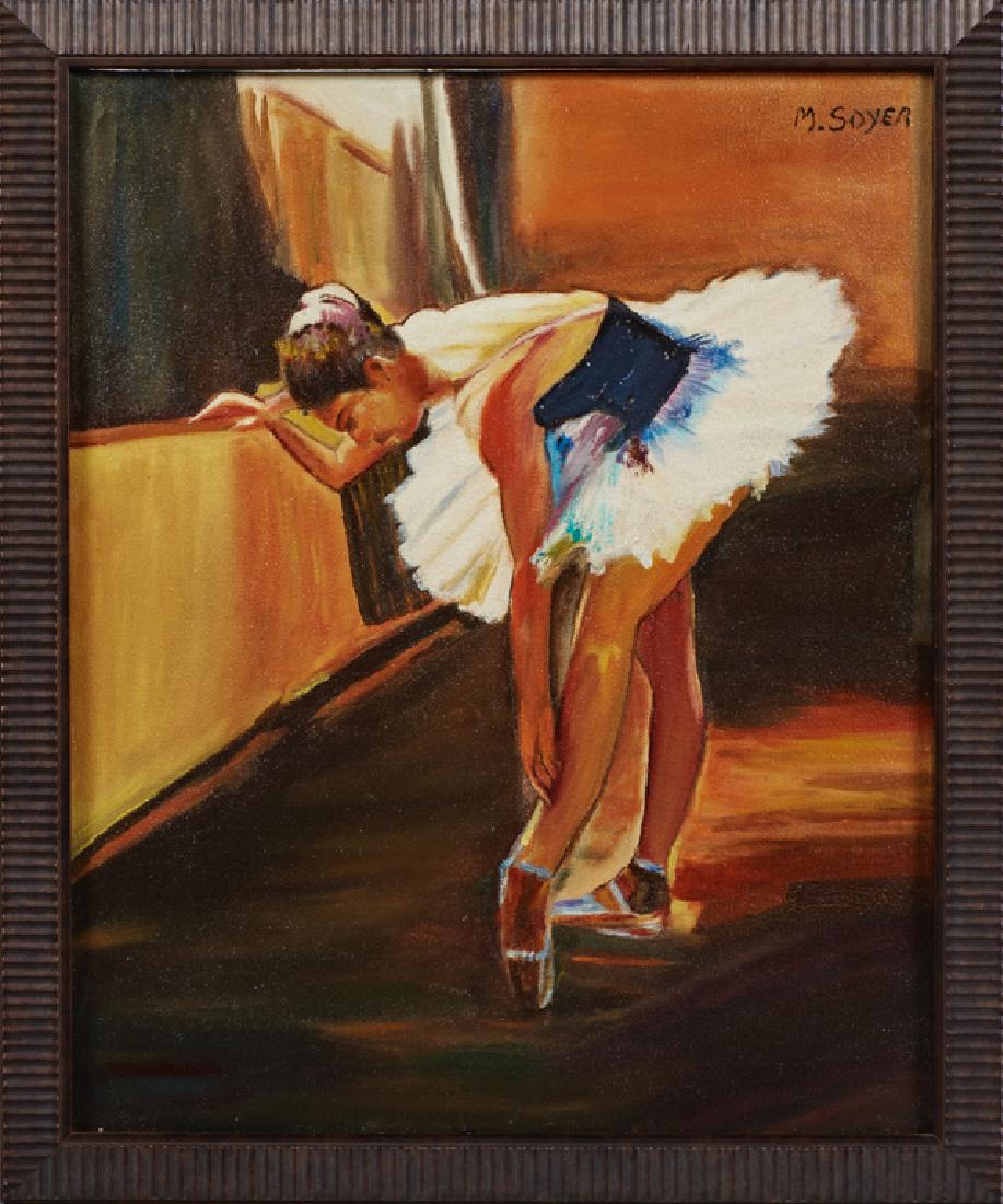 Moses Soyer (1932-2010), "Ballerina," 20th c., oil on: Moses Soyer (1932-2010), "Ballerina," 20th c., oil on canvas, signed upper right, presented in a reeded wood frame, H.- 19 5/8 in., W.- 15 5/8 in. Provenance: The Estate of Dr. Charles "Tony" Currier,