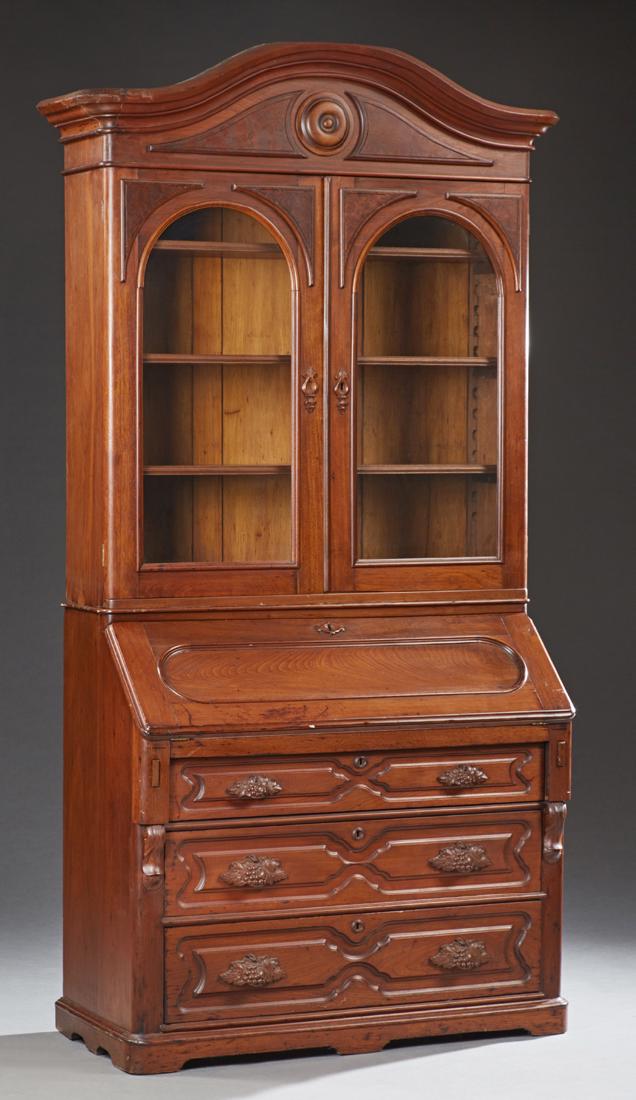 American Victorian Carved Walnut Secretary Bookcase, c. (1 of 3)