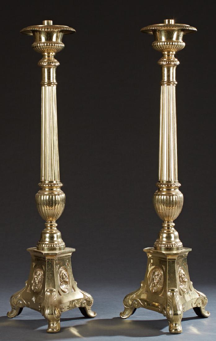 Pair of Large Brass Altar Candlesticks, 20th c., on (1 of 1)