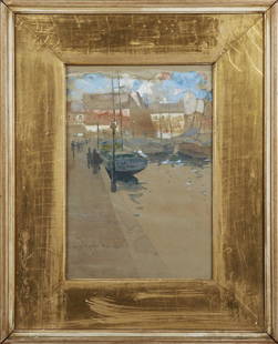 Jules Guerin (1866-1946, Active New Orleans c. 1890),: Jules Guerin (1866-1946, Active New Orleans c. 1890), "New Orleans Basin," watercolor on paper, signed lower left, presented in a gilt and polychromed frame, with a wide gilt mat, H.- 16 1/4 in., W.-