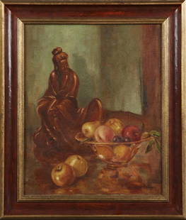 Ellsworth Woodward (1861-1939, New Orleans), "Still: Ellsworth Woodward (1861-1939, New Orleans), "Still Life with Asian Figure and Bowl of Fruit," oil on canvas, signed lower right, presented in a gilt and polychromed frame, H.- 19 1/2 in., W.- 15 1/2