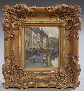 Attr. to Dorothea Sharp (1874-1955), "Coastal Town,": Attr. to Dorothea Sharp (1874-1955), "Coastal Town," 20th c., oil on panel, presented in a gilt and gesso frame, H.- 6 1/2 in., W.- 5 1/2 in. Provenance: Private Collection of a local Antiquarian, New