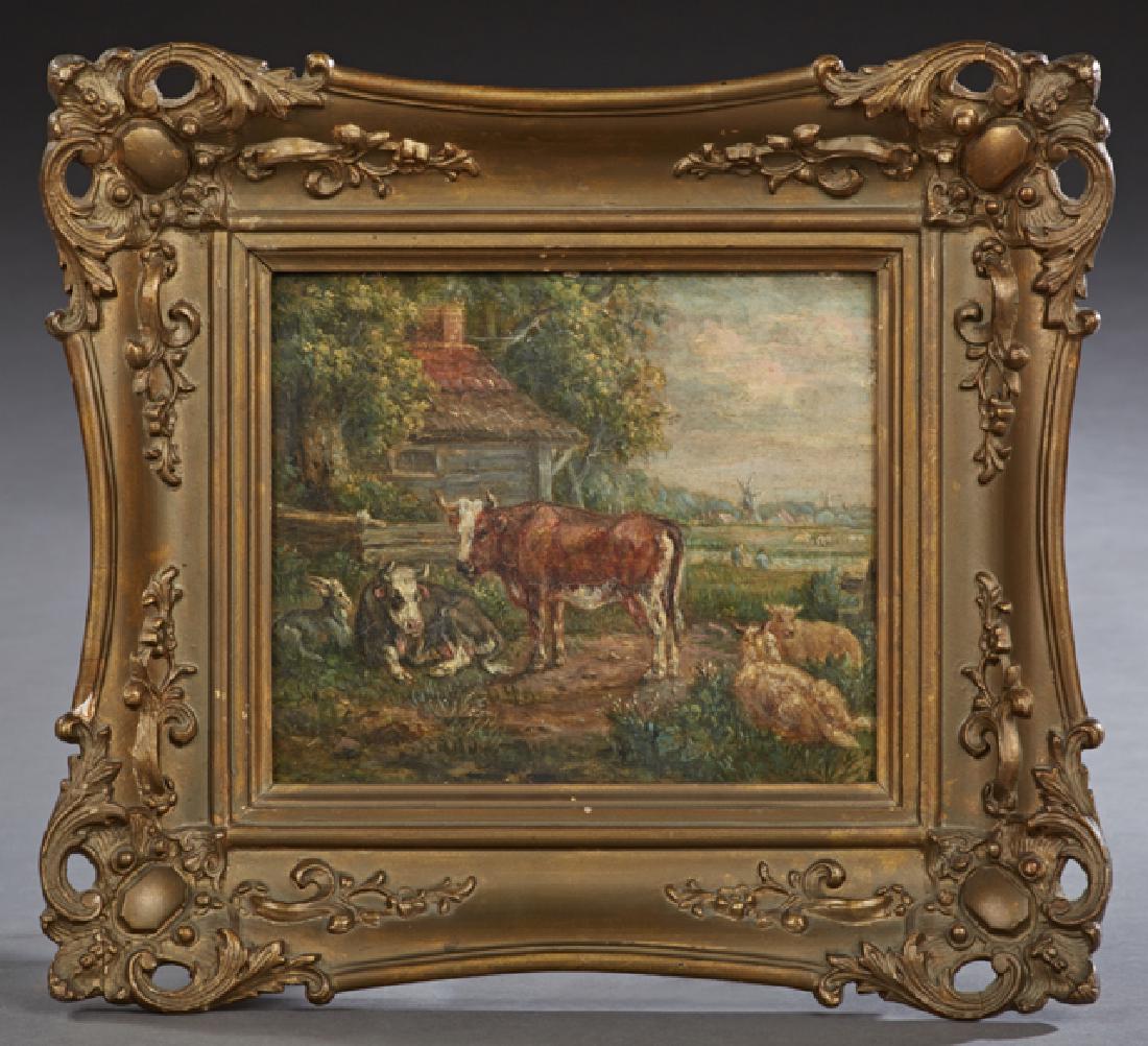 Dutch School, "Cattle and Farmhouse," 19th c., oil on: Dutch School, "Cattle and Farmhouse," 19th c., oil on panel, presented in a gilt and gesso frame, H.- 6 1/2 in., W.- 7 3/4 in. Provenance: Private Collection of a local Antiquarian, New Orleans, Louis