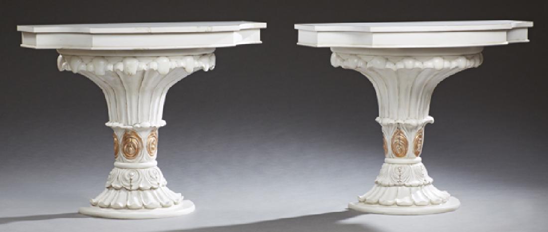 Pair of Polychromed Carved Wood Console Tables, late: Pair of Polychromed Carved Wood Console Tables, late 20th c., the demilune tops with wide skirts on a scalloped plinth with acanthus relief decoration, on a demilune base, H.- 34 1/8 in., W.- 43 in.,