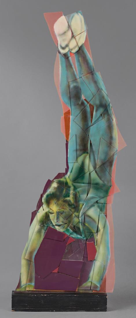 Sally Heller (New Orleans), "Gymnast," 20th c.,: Sally Heller (New Orleans), "Gymnast," 20th c., assembled oil on plastic, on a wooden base, H.- 61 in., W.- 21 in., D.- 3 1/2 in. Provenance: Property deaccessioned from the private collection of Free