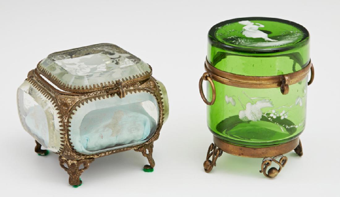 Two Glass Ring Boxes, 19th c., a green Mary Gregory (1 of 1)