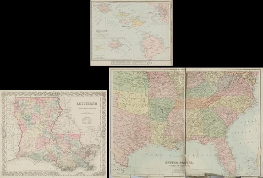 Group of Three Maps, consisting of "Hawaii," 1905, by: Group of Three Maps, consisting of "Hawaii," 1905, by Rand McNally, matted and shrink wrapped; "Louisiana," by J. H. Colton, 1855, hand colored, matted and shrink wrapped; and "United States Southern