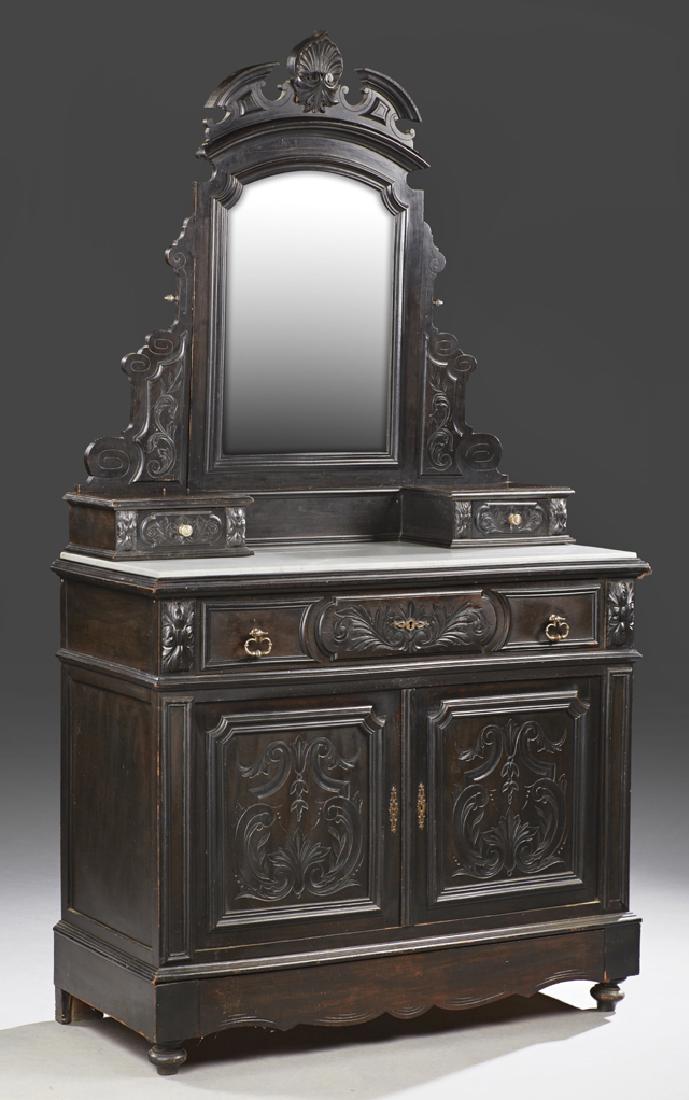 French Ebonized Marble Top Secretaire Dresser, c. 1880,: French Ebonized Marble Top Secretaire Dresser, c. 1880, the broken arch crest over a wide beveled mirror on arched supports, flanked by glove drawers, on a base with an inset white marble over a fall 
