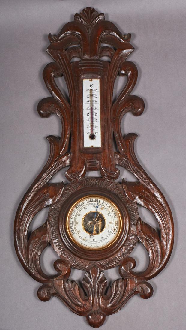 French Carved Mahogany Barometer, c. 1890, by Castel (1 of 1)