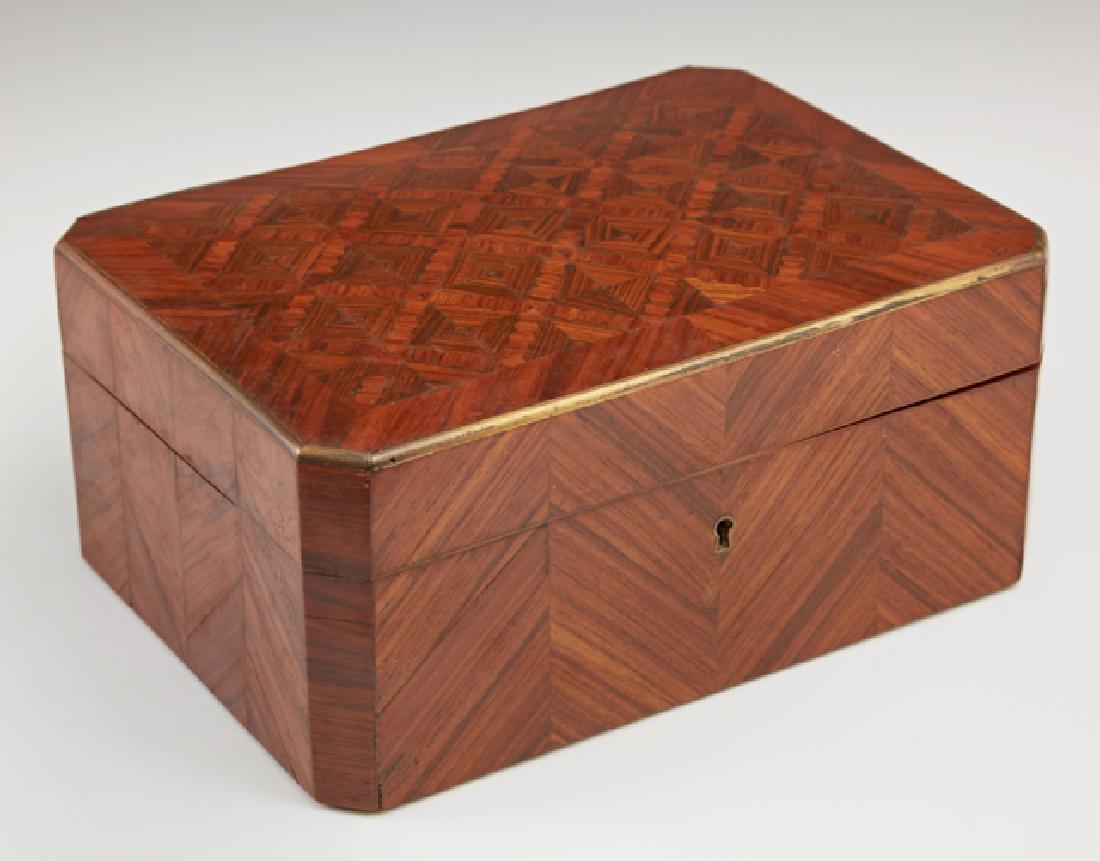 French Brass Bound Inlaid Burled Walnut Dresser Box, (1 of 2)