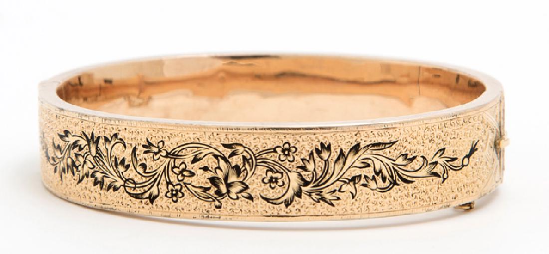 Victorian 15K Yellow Gold Engraved Hinged Bangle (1 of 1)