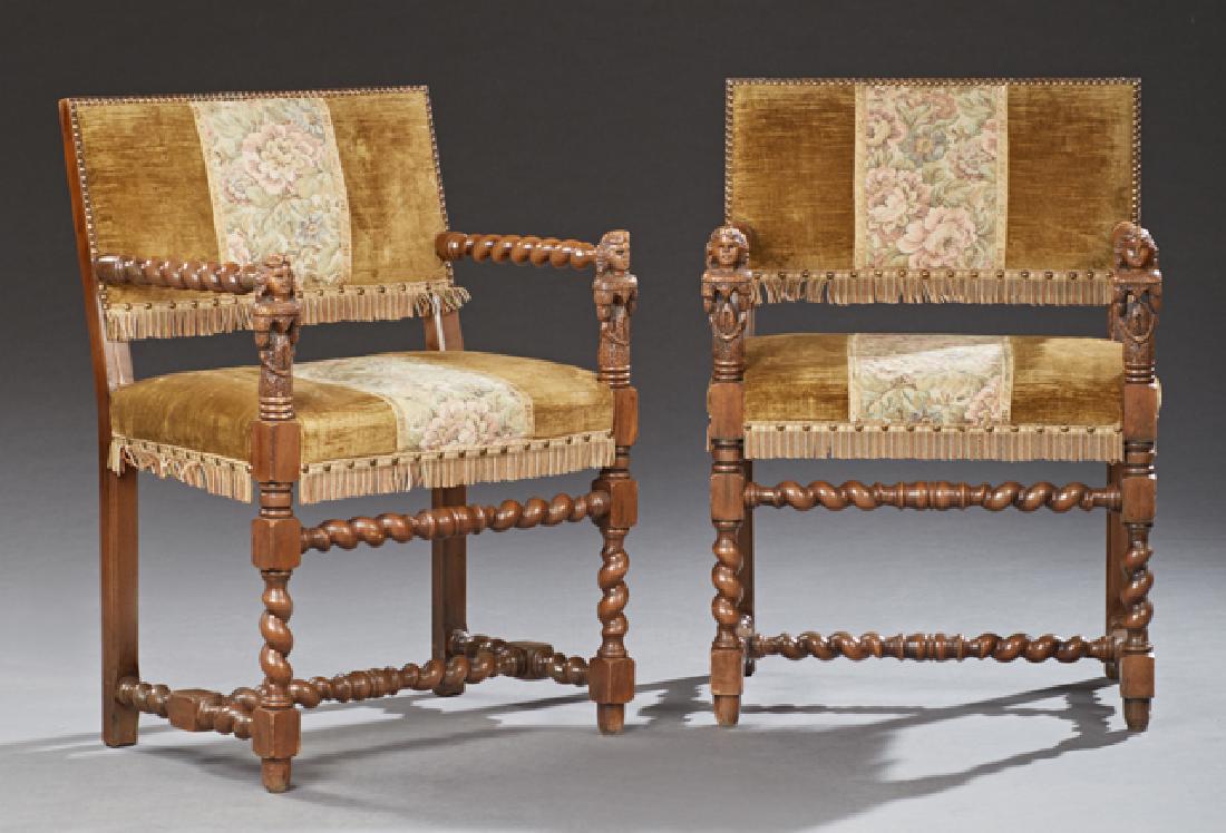 Pair of Louis XIII Style Carved Walnut Fauteuils, c. (1 of 1)
