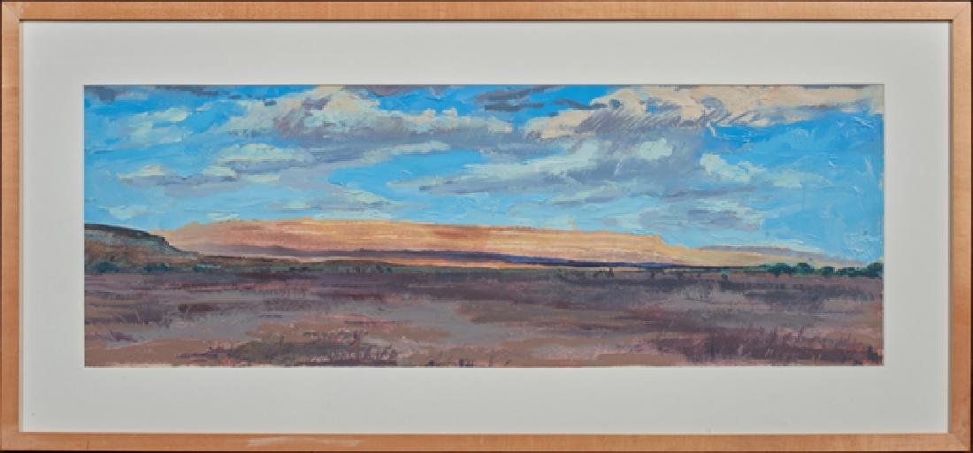 Henry Coe (1946- ), "Sierra del Carmen-Afternoon," oil: Henry Coe (1946- ), "Sierra del Carmen-Afternoon," oil on paper, 1987, signed and dated lower right, titled verso, presented in a natural wood frame, H.- 9 1/4 in., W.- 27 1/4 in., Provenance: Propert