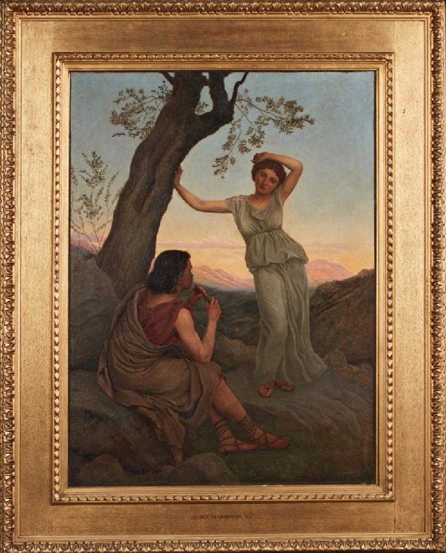 George Fearn Smith (1835-1926), "Classical Lovers in a: George Fearn Smith (1835-1926), "Classical Lovers in a Garden," 1872, oil on canvas, signed and dated lower right, presented in a wide gilt and gesso frame, H.- 33 1/2 in., W.- 25 in.