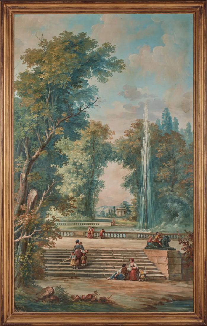 After Francois Boucher, "Classical Park with Fountain,": After Francois Boucher, "Classical Park with Fountain," early 20th c., oil on canvas, backed with glass, presented in a wide gilt frame, H.- 55 in., W.- 33 1/2 in.