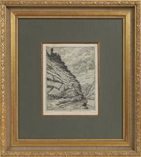 Ellsworth Woodward (1861-1939, New Orleans),: Ellsworth Woodward (1861-1939, New Orleans), â€œEhrenfels, Germany,â€ etching, pencil titled lower left margin, pencil signed lower right margin, presented in a gilt frame, H.- 10 3/4 in., W.-