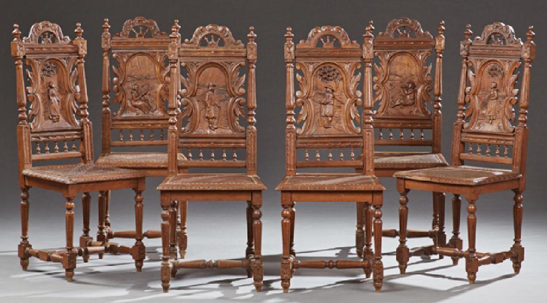 Set of Six French Provincial Henri II Carved Oak Dining (1 of 1)
