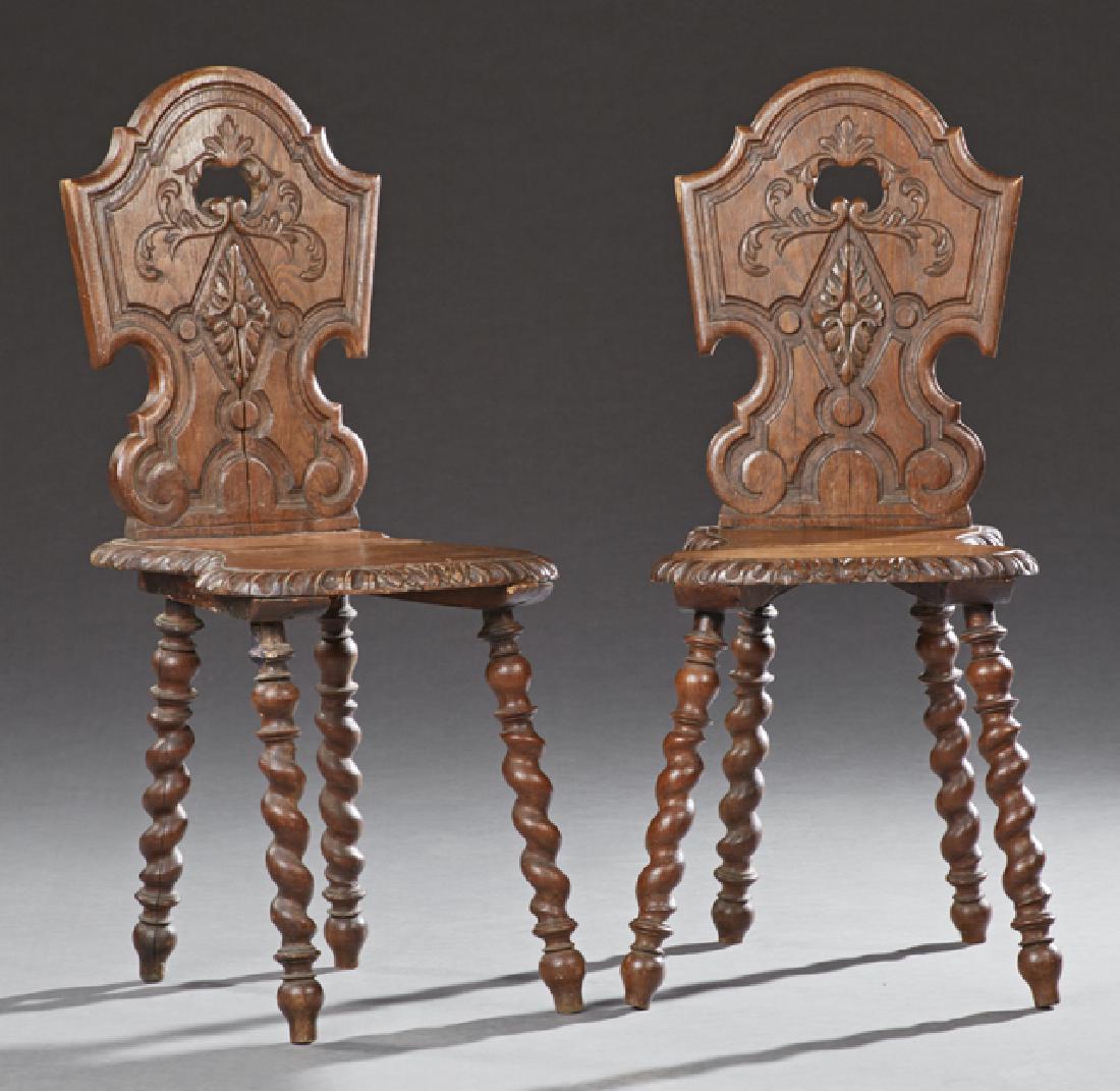 Pair of Henri II Style Carved Oak Hall Chairs, c. 1880 (1 of 1)