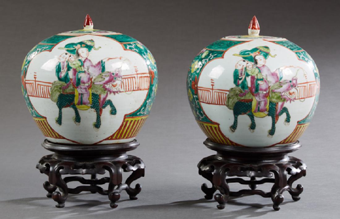 Pair of Chinese Baluster Porcelain Ginger Jars, 20th: Pair of Chinese Baluster Porcelain Ginger Jars, 20th c., with figural and floral decoration, with porcelain lids on carved hardwood stands, Jars- H.- 9 in., Dia.- 8 in.