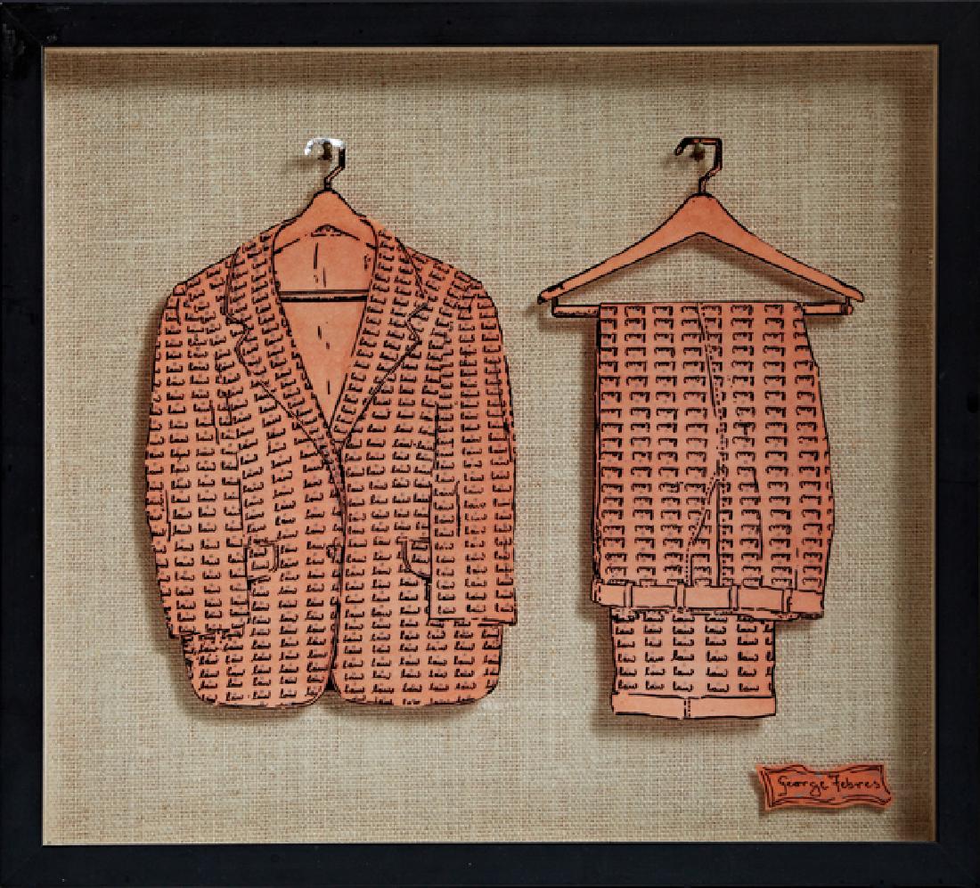 George Febres (1943-1996, New Orleans), "Law Suit,": George Febres (1943-1996, New Orleans), "Law Suit," mixed media and ink, signed lower right, titled and initialed verso, presented in a shadowbox frame, H.- 8 3/4 in., W.-9 5/8 in.