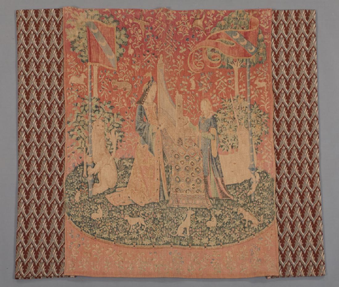 Flemish Tapestry, "The Organ Player," early 20th c.,: Flemish Tapestry, "The Organ Player," early 20th c., after the 15th c. original from "The Lady with the Unicorn" series, 3' 8 x 3' 11.