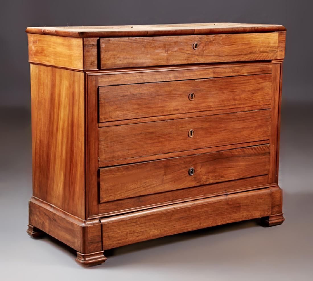 French Louis Philippe Commode, 19th c., with a frieze: French Louis Philippe Commode, 19th c., with a frieze drawer over three deep drawers and a bottom "secret" drawer on stepped ogee block feet, now lacking the marble, H.- 38 7/8 in., W.- 45 5/8 in., D.