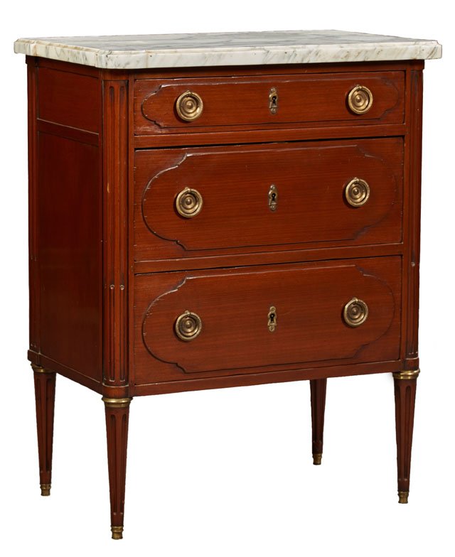 French Louis XVI Style Marble Top Mahogany Diminutive: French Louis XVI Style Marble Top Mahogany Diminutive Commode, 19th c., the cookie corner stepped figured white marble over a fielded panel frieze drawer and two like deep drawers flanked by fluted en