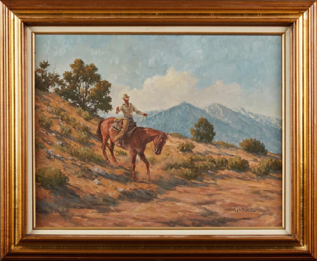 Gary Lawrence Niblett (1943-), "Short-cut," 1973, oil: Gary Lawrence Niblett (1943-), "Short-cut," 1973, oil on canvas, signed and dated lower right, titled verso, presented in a gilt frame with a linen mat and a gilt liner, H.- 21 1/2 in., W.- 27 1/2 in.