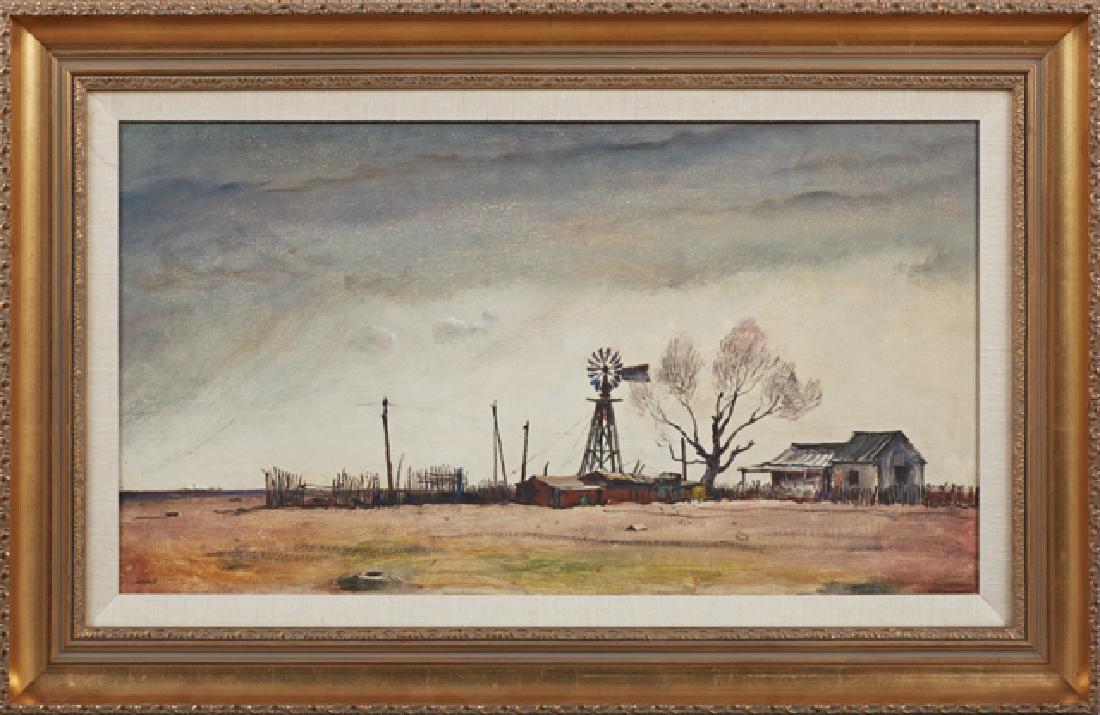 Peter Hurd (1904-1984, New Mexico), "The Abandoned: Peter Hurd (1904-1984, New Mexico), "The Abandoned Ranch," oil on board , signed lower left, titled verso with a label for Raydon Gallery, in a wide gilt and gesso frame with a linen liner, H.- 16 in.