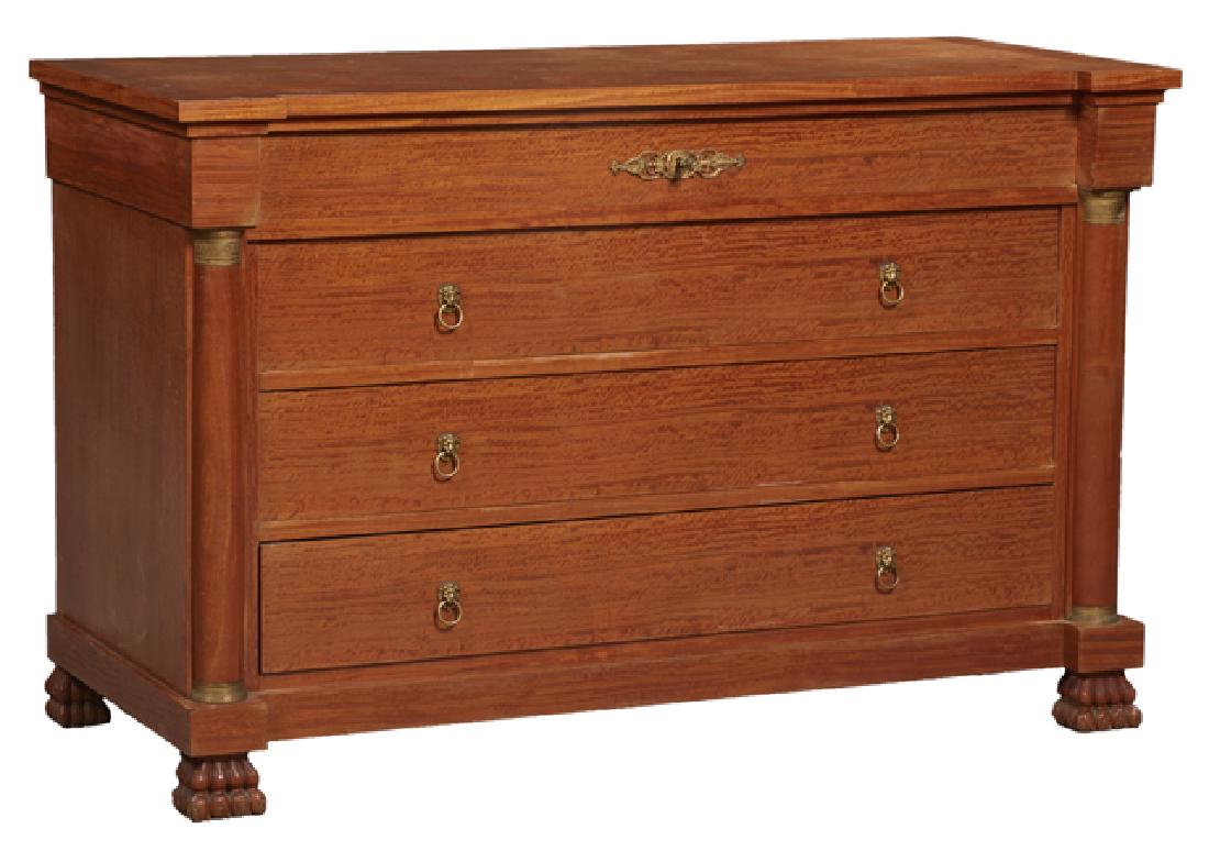 French Empire Style Ormolu Mounted Carved Maple: French Empire Style Ormolu Mounted Carved Maple Commode, 19th c., the breakfront rectangular top over a setback frieze drawer and three long drawers, flanked by ormolu mounted columns, on a plinth bas