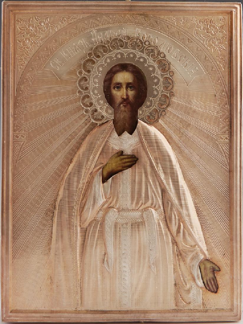 Russian Icon of St. Andre, Moscow, 1889, with a silver: Russian Icon of St. Andre, Moscow, 1889, with a silver oklad with a maker's mark of Kouznetsov Emelian Alexeivitch and an assayer's mark of "AP," H.- 6 5/16 in., W.- 4 3/4 in.