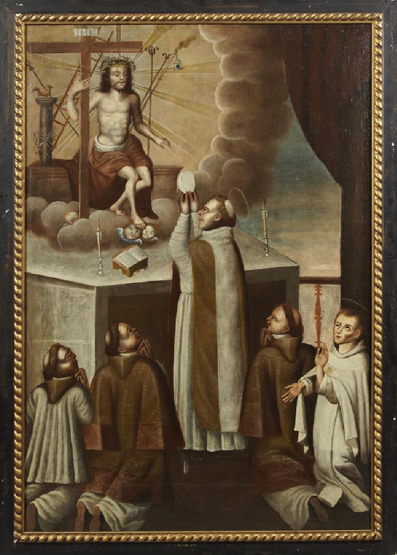Bolivian School, "Mass of St. Gregory," 18th c., oil on: Bolivian School, "Mass of St. Gregory," 18th c., oil on canvas, presented in a polychromed frame with a gilt twist liner, H.- 47 in., W.- 31 3/4 in.