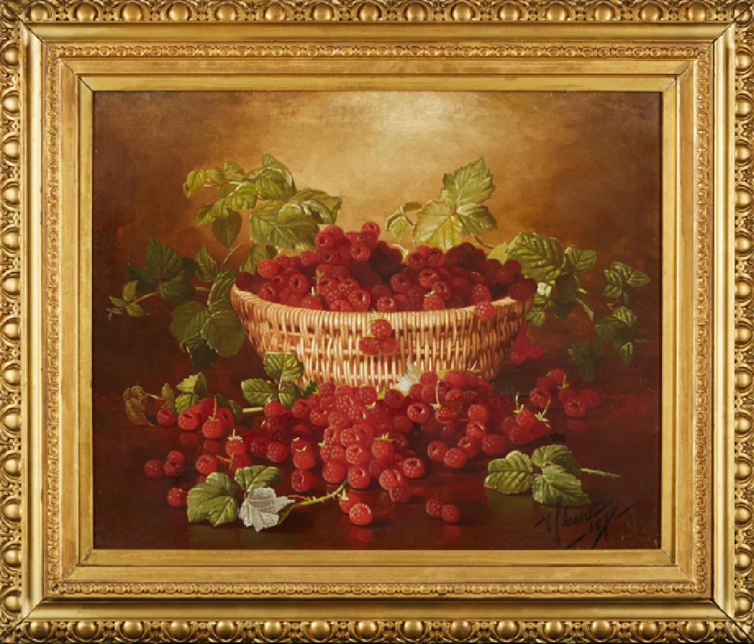 Edward Chalmers Leavitt (1842-1904, American), "Still: Edward Chalmers Leavitt (1842-1904, American), "Still Life of a Basket of Raspberries," 1899, oil on canvas laid down to board, signed and dated lower right, presented in a period gilt and gesso frame