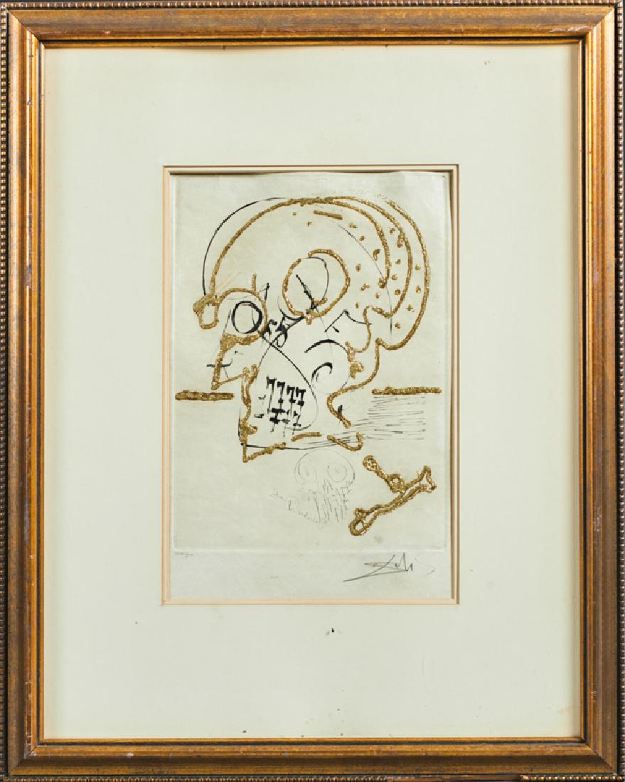 Salvador Dali (1904-1989, Spain), "Amours Jaunes" 1974,: Salvador Dali (1904-1989, Spain), "Amours Jaunes" 1974, hand colored and gold glitter etching, Number 162/200, on Japon Nacre paper, pencil signed lower right margin, pencil numbered lower left margin
