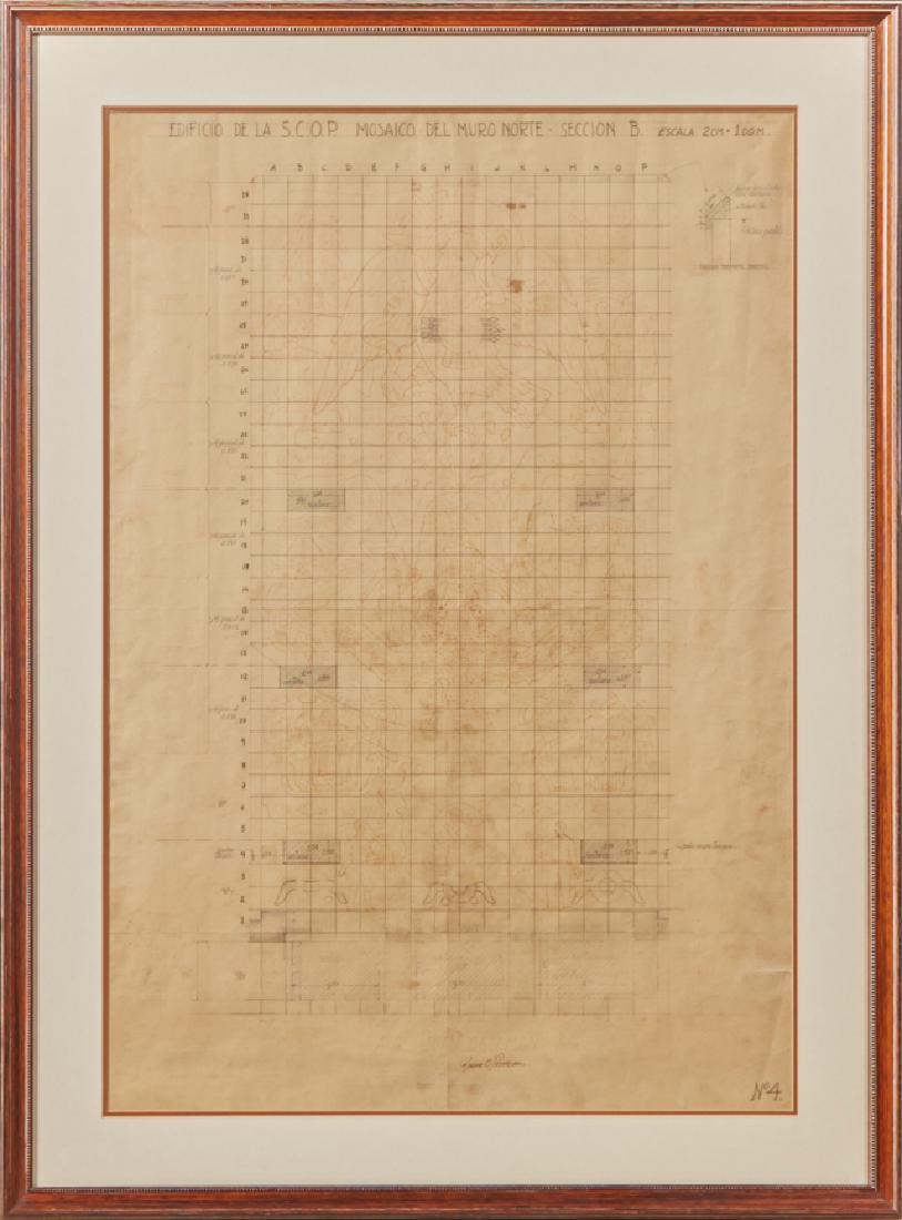 Juan O'Gorman (1905-1992, Mexican), "Edificio de la: Juan O'Gorman (1905-1992, Mexican), "Edificio de la S.C.O.P. Mosaico del Muro Norte Section B," 20th c., graphite sketch for the Centro SCOP building mosaic in Mexico City, Note: damaged in a 1985 ear