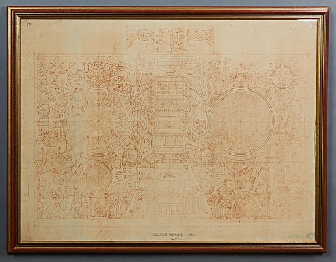 Juan O'Gorman (1905-1982, Mexican), "Sketch for the: Juan O'Gorman (1905-1982, Mexican), "Sketch for the Mosaic for the Central Library of the City University of Mexico,"1950, print, pencil signed lower center margin, presented in a gilt and polychromed