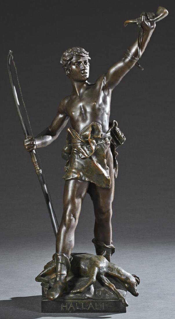 After Eugene Marioton (1854-1933, French), "Hallali,": After Eugene Marioton (1854-1933, French), "Hallali," early 20th c., bronze patinated spelter statue, on an integral square base, signed on the proper right side of the base, titled in relief on front