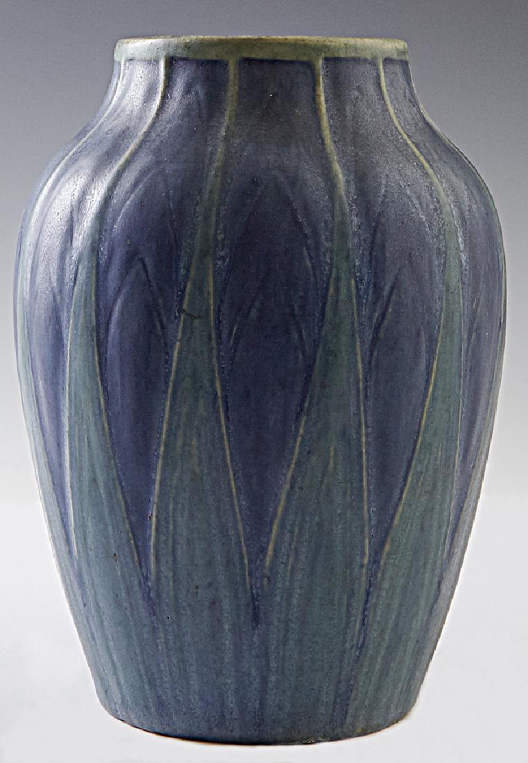 Newcomb College Art Pottery Vase, 1932, by Sadie: Newcomb College Art Pottery Vase, 1932, by Sadie Irvine, of baluster form with matte glaze, thrown by Jonathan Hunt, the underside marked "NC, HB, JH, TQ73, 035," H.- 6 1/8 in., Dia.- 4 5/8 in.