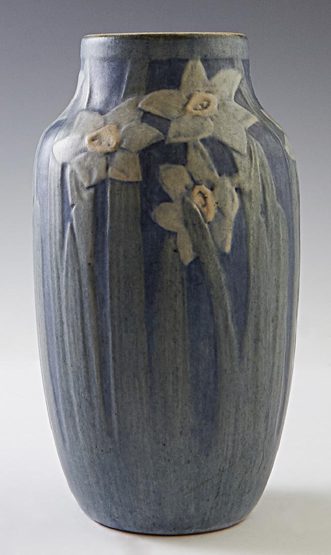 Newcomb Art Pottery Vase, 1915, by Henrietta Bailey, of: Newcomb Art Pottery Vase, 1915, by Henrietta Bailey, of matte glaze baluster form with jonquil decoration, thrown by Joseph Meyer, the underside marked "NC, HB, JM and HQ46," H.- 6 1/4 in., Dia.- 3 1/