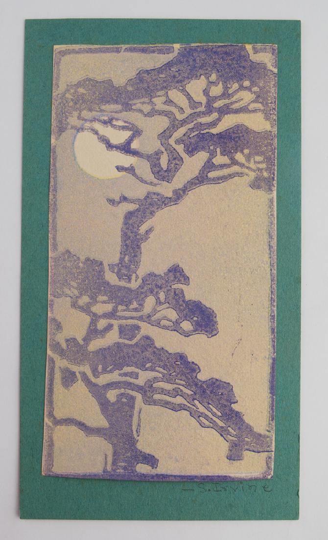 Sadie Irvine (1887-1970, Newcomb College), "Moss Draped: Sadie Irvine (1887-1970, Newcomb College), "Moss Draped Oak and Moon," early 20th c., woodblock print, laid to board, signed lower right of board, shrink wrapped, H.- 6 7/8 in., W.- 4 5/8 in.