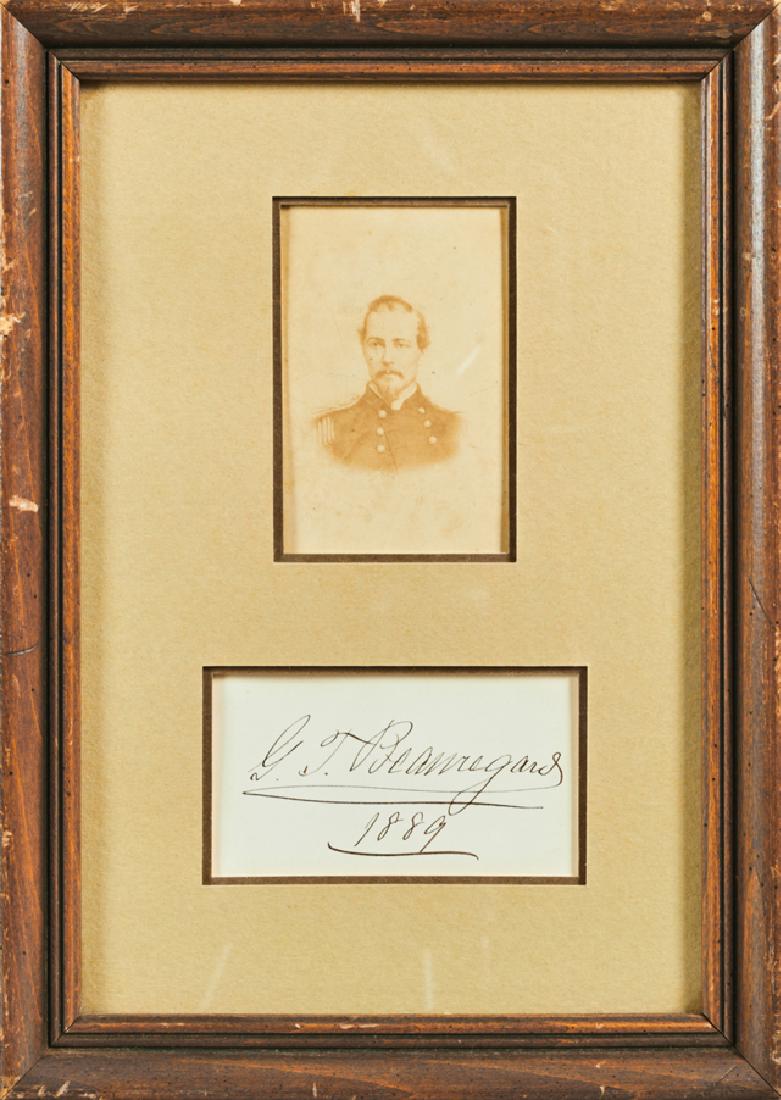 P. G. T. Beauregard, 19th c., carte de visite: P. G. T. Beauregard, 19th c., carte de visite photograph, together with his autograph, 1889, presented in a single mahogany frame, Photo- H.- 3 1/4 in., W.- 2 1/4 in.