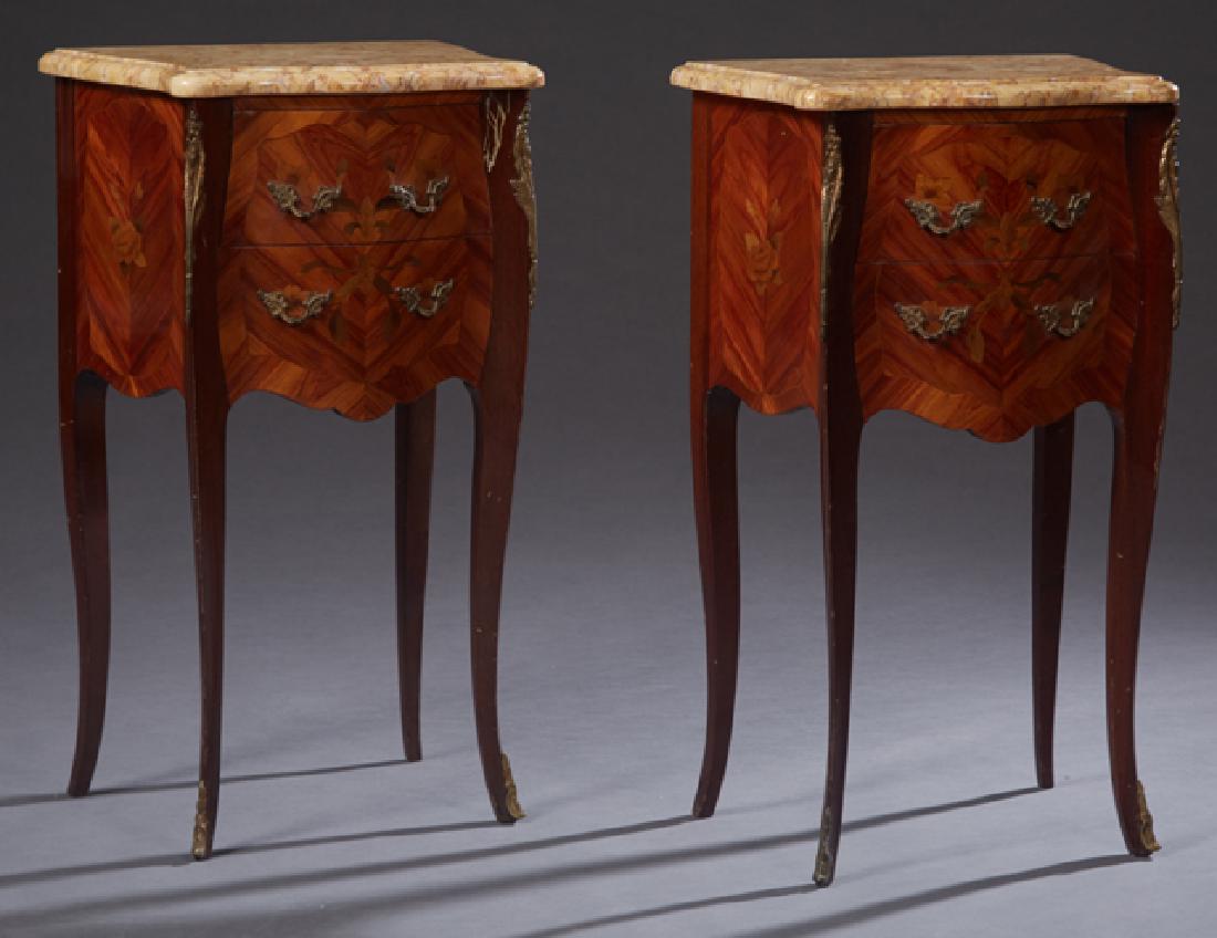 Pair of French Louis XV Style Marble Top Ormolu Mounted: Pair of French Louis XV Style Marble Top Ormolu Mounted Marquetry Inlaid Mahogany Bombe Nightstands, 20th c., each with a stepped edge shaped ocher marble over two bow front drawers flanked by ormolu 