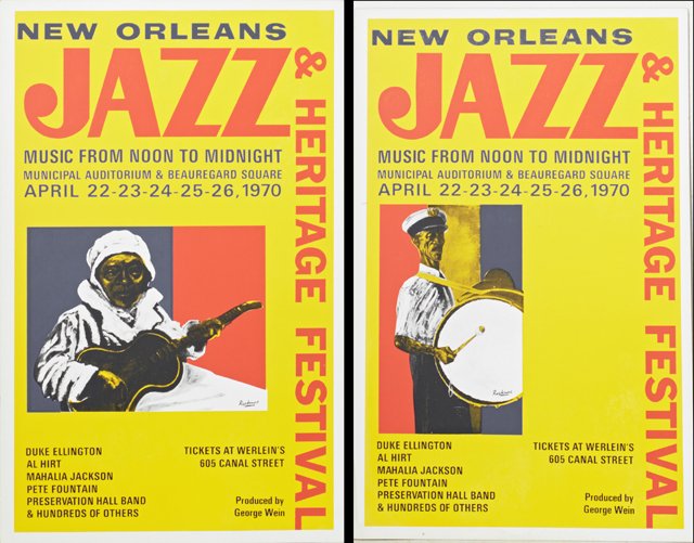 Noel Rockmore (1928-1993, New Orleans), "New Orleans: Noel Rockmore (1928-1993, New Orleans), "New Orleans Jazz and Heritage Festival Posters," 1970, pair of offset chromolithographs featuring, respectively, The Olympia Brass Band Drummer, Chicken George