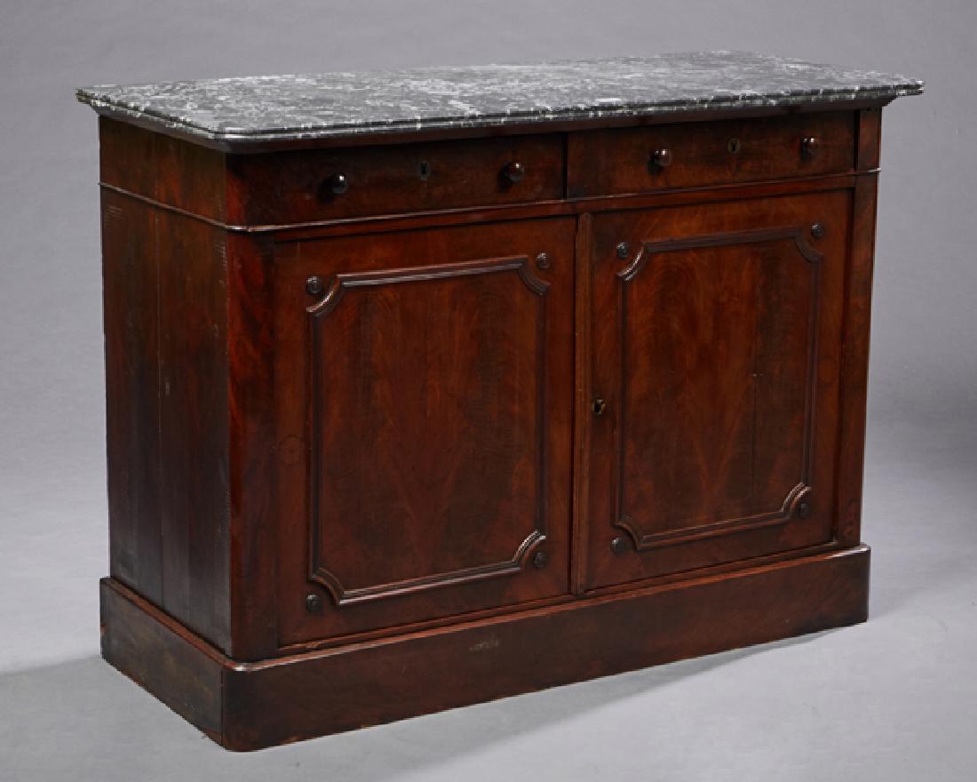 French Louis Philippe Style Carved Mahogany Marble Top: French Louis Philippe Style Carved Mahogany Marble Top Commode, 19th c., the rounded reeded edge highly figured grey marble over two frieze drawers above double cupboard doors, on a plinth base, H.- 3