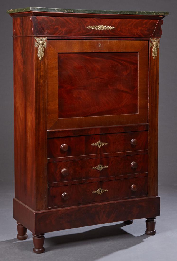 French Empire Style Marble Top Ormolu Mounted Mahogany: French Empire Style Marble Top Ormolu Mounted Mahogany Secretary Abattant, early 20th c., the verde antico marble over a frieze drawer above a setback fall front with an inset brown leather writing su