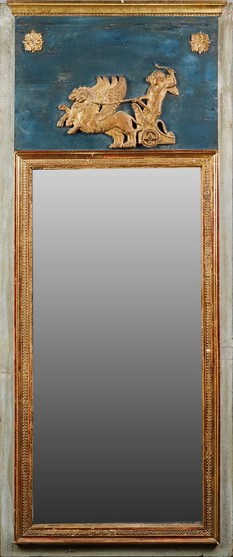 French Gilt and Gesso Polychrome Trumeau Mirror, 19th: French Gilt and Gesso Polychrome Trumeau Mirror, 19th c., the ogee crown over a polychromed panel, with a relief cupid in a chariot, over a gilt framed double plate rectangular mirror, H.- 62 1/2 in.,